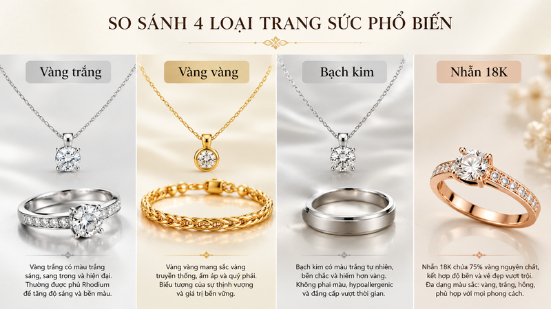 Mỗi chất liệu có ưu điểm riêng: vàng 9999 phù hợp tích trữ, còn vàng trắng 750 nổi bật ở tính thẩm mỹ và độ bền khi làm trang sức.
