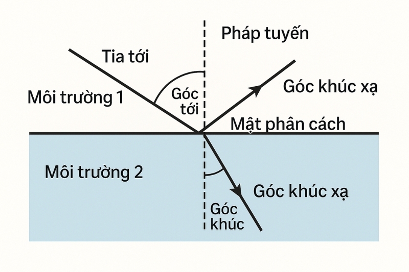 Sơ đồ khúc xạ ánh sáng giúp người học nhận biết tia tới, tia khúc xạ, pháp tuyến và các góc liên quan. 
