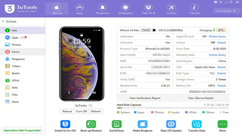Sử dụng phần mềm 3uTools trên máy tính để đối chiếu số Seri linh kiện với dữ liệu gốc của Apple.