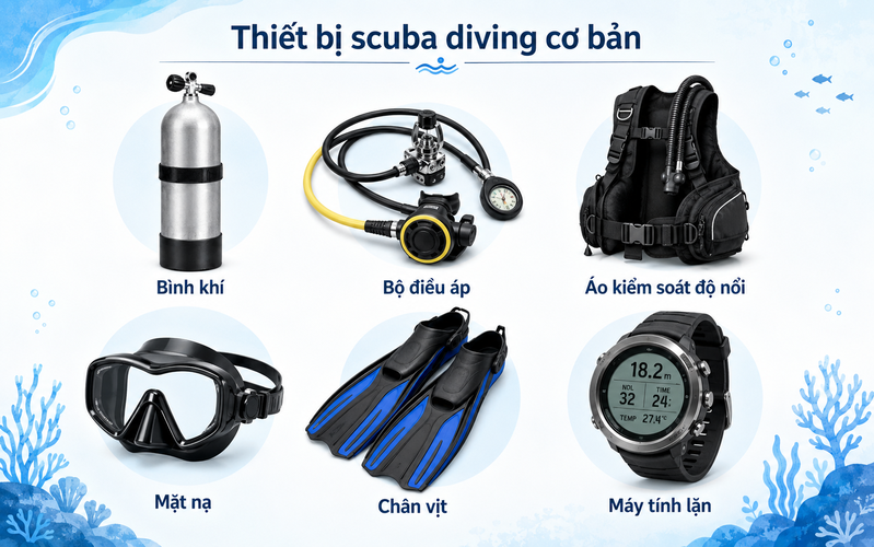 Thiết bị scuba diving gồm bình khí, bộ điều áp, áo kiểm soát độ nổi, mặt nạ, chân vịt và máy tính lặn. 