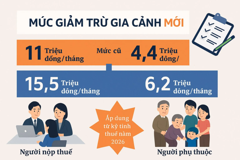 Mức giảm trừ cho bản thân là 15,5 triệu đồng/tháng và cho mỗi người phụ thuộc là 6,2 triệu đồng/tháng từ 2026.